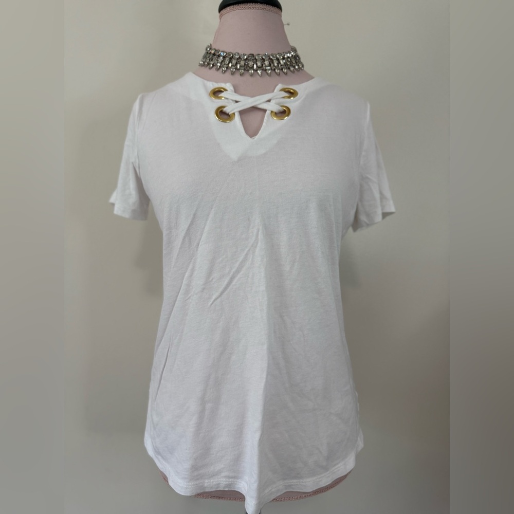 Michael Kors white v-neck tee with gold accents in size medium